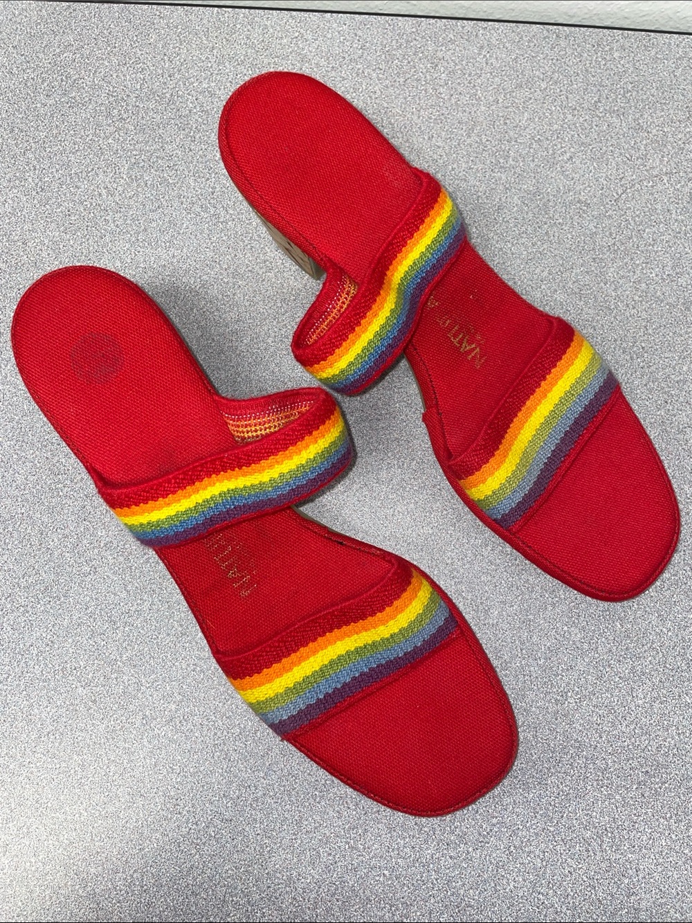 Naturalizer Red Mules with Rainbow Stripes